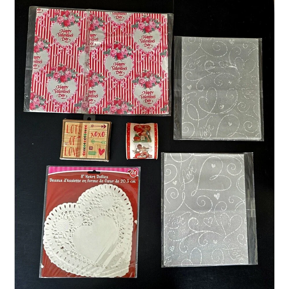 Valentine Lot of Vintage Gift Wrapping Paper and Ribbon. Heart Doilies Stamp Set